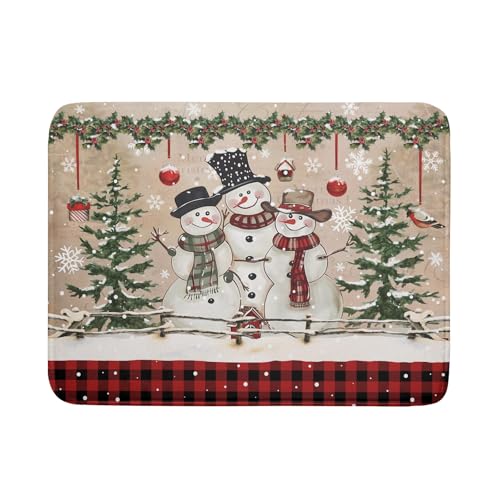 Winter Snowman Dish Drying Mat 18x24 Inch Red Buffalo Plaid Holiday Dish Drainer Mat Absorbent Dish Rack Pad for Kitchen Counter Sink Decor (Winter Snowman Bell / 24" x 18")