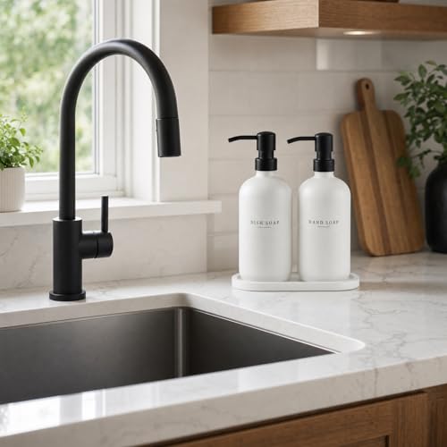 Glass Soap Dispenser (White Bottle/Black Pump + Tray + Funnel)