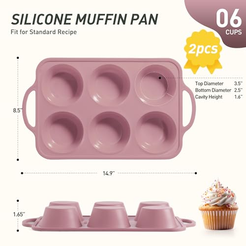 2 Packs 6 Cups Silicone Muffin Pan with Metal Reinforced Frame Jumbo Size Cupcake Pan Tray Egg Bites Silicone Circle Cookie Molds Muffin Tin Tart Pans Baking Sheet Set for Breakfast Sandwiches (Jumbo / Morandi Pink)