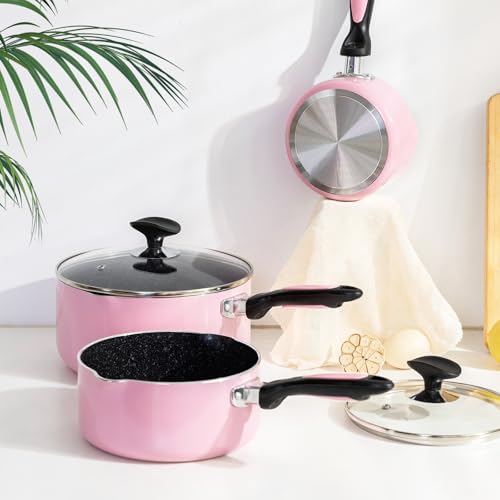 Nonstick Saucepan Set with Lid (Pink)