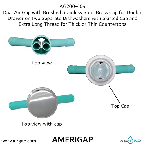 Dual Air Gap with Brushed Stainless Steel Brass Cap for Double Drawer or Two Separate Dishwashers with Skirted Cap and Extra Long Thread for Thick or Thin Countertops (AG200-404)