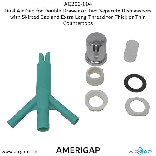 Dual Air Gap for Double Drawer or Two Separate Dishwashers with Skirted Cap and Extra Long Thread for Thick or Thin Countertops (AG200-004)