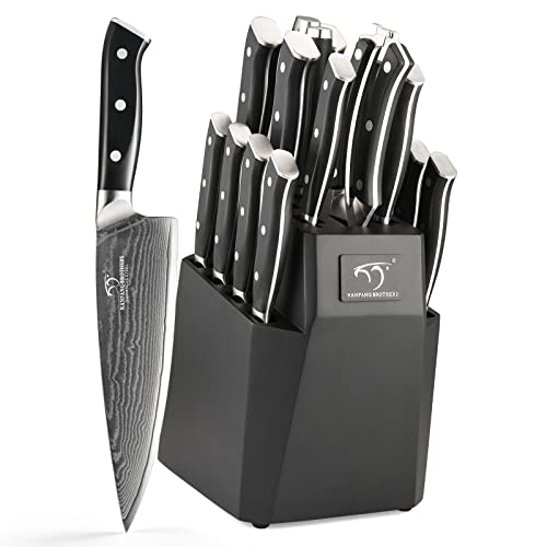 18PCS Damascus Knife Set with Steak Knives & Block (Black/Black / 18 Pieces)