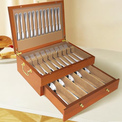 Silverware Storage Box Solid Wood with Lid (Oak / 2 Layer)
