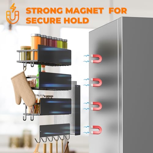 5 Pack Multifunctional Magnetic Shelves for Refrigerator Spice Rack & Washing Machine Organize (Flat style, Black)