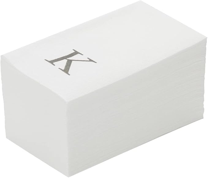 Luxenap 15.8 X 7.9 Inch Linen-Feel Guest Towels, 50 Lettered Hand Towels - Silver Letter 'K', Sans Serif Font, White Paper Dinner Napkins, airlaid, For Restrooms And Tables - Restaurantware
