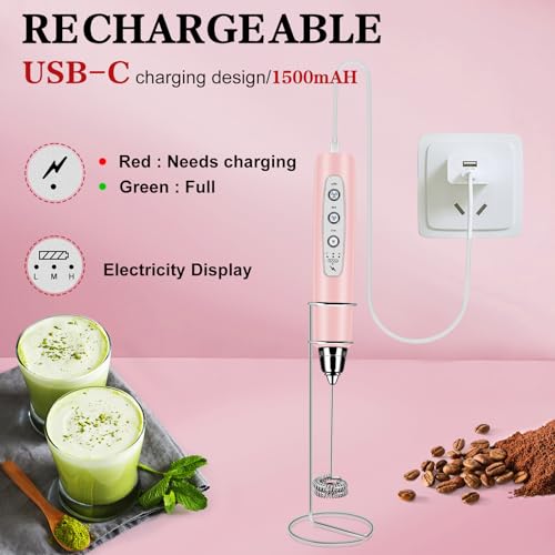 Milk Frother Wand Rechargeable Handheld Whisk Coffee 3 Speed Adjustable (Frother with stand / Pink)