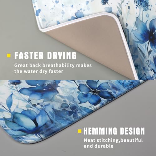 Blue Floral Dish Drying Mat for Kitchen Counter Watercolor Leaves Dishes Drainer Rack Mat Absorbent Microfiber Dish Draining Pad 16x18 Inch (Watercolor Blue Floral / 16" x 18")