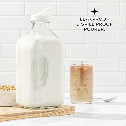 Glass Milk Bottles with Lids and Pourer (64 Oz)