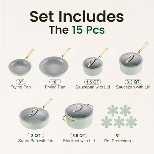 Ceramic Cookware Sets (Sage Green / 15Pcs Set)