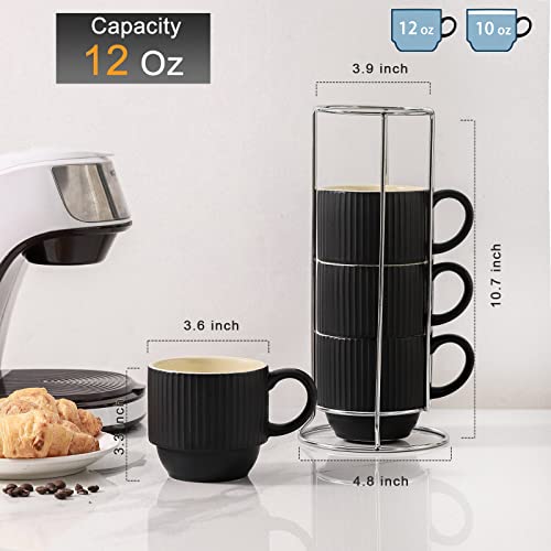 Black Coffee Mug Porcelain Set of 4 with Rack (Matte Black / 12 Ounces)