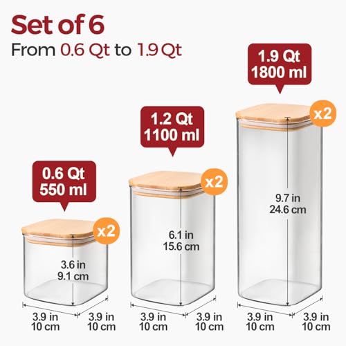 Glass Pantry Storage Containers with Lids 0.6 (1.9Qt*2+1.2Qt*2+0.6Qt*2)