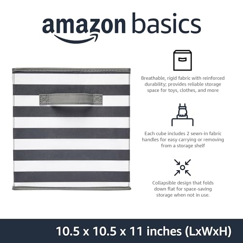 Collapsible Fabric Storage Bins with Handles (White/ Light Grey Stripe / 10.5"x10.5"x11")