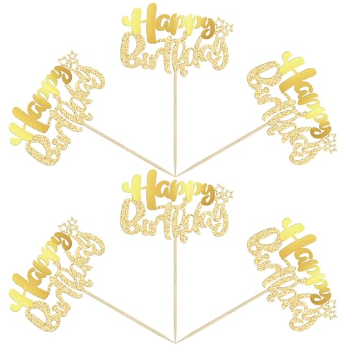 24Pcs Gold Metallic Happy Birthday Cupcake Toppers for Birthday (24 Count)