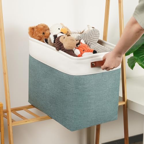 Large Rectangular Baskets for Blankets 51L Canvas Storage Baskets for Organizing 3 Pack Collapsible Baskets Bins for Organizing Home Office with Handles (White&Dark Green / XXL-17"x12"x15")