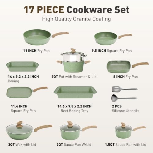 17 Piece Pots and Pans Set Non Stick (Green / 17-piece)