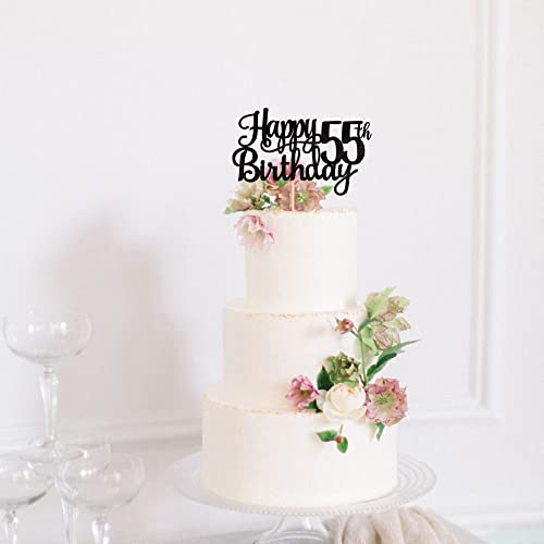 1 PCS Happy 55th Birthday Cake Topper Glitter Cheers to 55 Years Birthday Cake Pick 55 Fabulous Cake Decoration for Happy 55th Birthday Theme Party Decorations Supplies Black (Black / 55th)