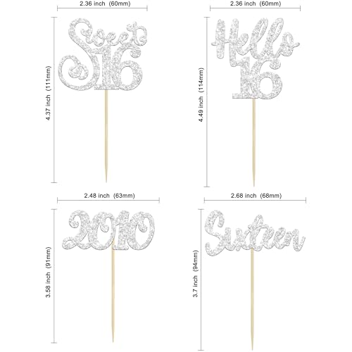 24Pcs 16th Birthday Cupcake Toppers Silver Glitter Hello 16 Sweet 16 Cupcake Picks 2010 16th Birthday Cake Decorations for Celebrating Anniversary Party Supplies (24 Count)