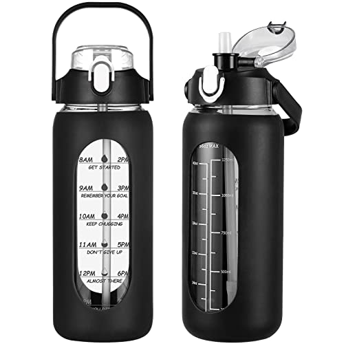 56oz Glass Water Bottles with Straw (Black / 56 Ounces)