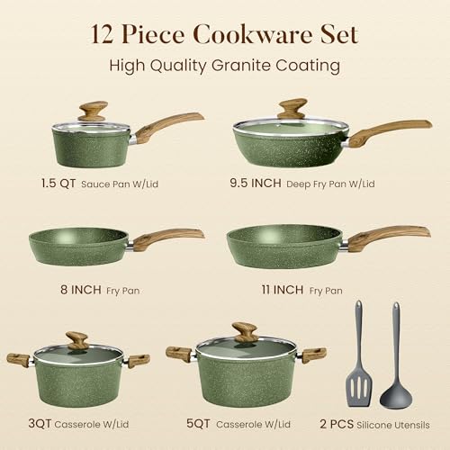 Non Toxic Pots and Pans Set Non Stick (Green / 12 PCS Cookware Set)
