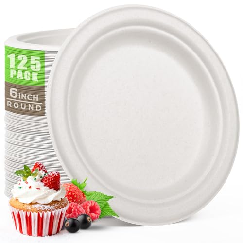 Compostable Small Paper Plates 6 Inch 125 Pack Dessert Plates (Whtie / 6in 125pcs)