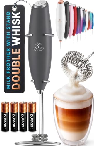 Powerful Milk Frother Wand With Duracell Batteries (Smoke Charcoal / Double Whisk + Batteries)