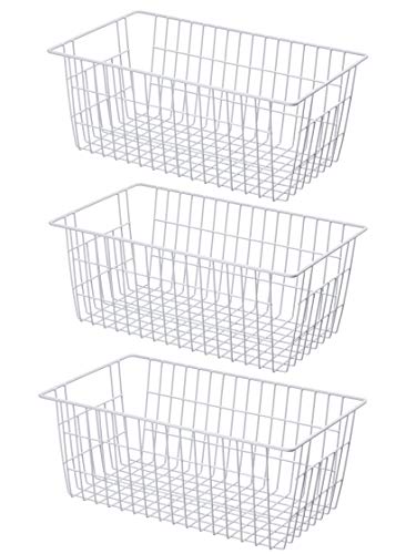 Large Freezer Baskets Metal Storage Organizer Bin Basket Wire Storage Basket for Kitchen Pantry Bathroom Set of 3 Large Metal Farmhouse Food Fruit Produce Organizer Bins (3-P / White)
