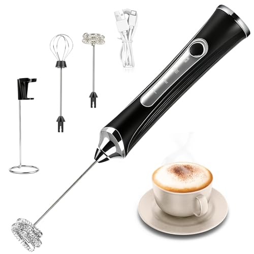 Milk Frother Handheld Rechargeable with Stand 3 Speed Frother Wand (Black-3)