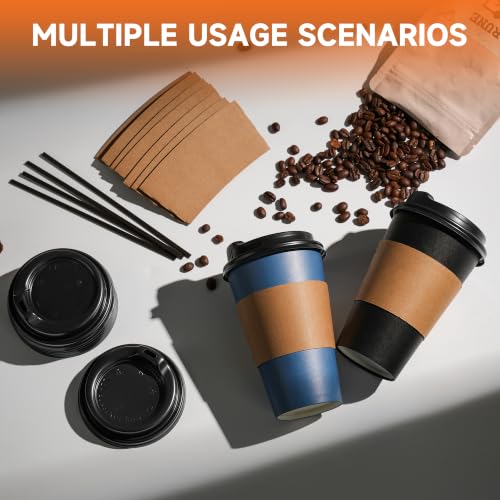 100 Pack 16 oz Disposable Coffee Cups with Lids and Sleeves (Black/Blue / 16oz)