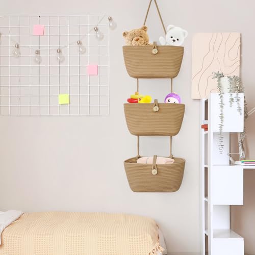 Over the Door Hanging Baskets with Wooden Button (Jute / 3 tier+Wooden Button)