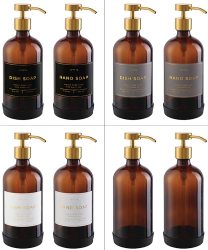 Hand and Dish Soap Dispenser for Kitchen and Bathroom (Amber Bottle / Brushed Gold Pump)