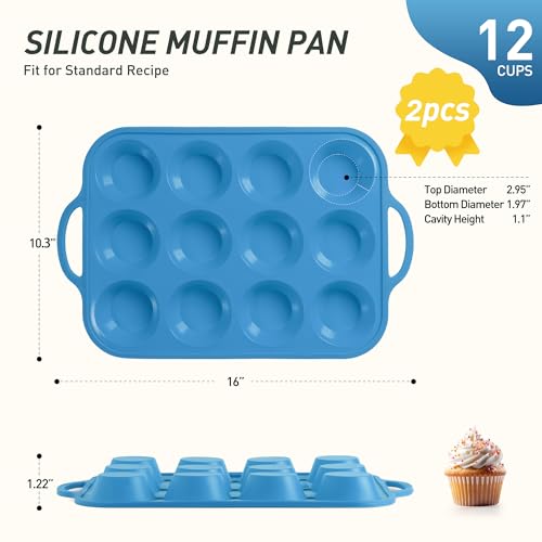 2 Packs 12 Cups Silicone Muffin Pan with Metal Reinforced Frame Regular Size Cupcake Pan Tray Egg Bites Silicone Circle Cookie Molds Muffin Tin Tart Pans Baking Sheet Set for Breakfast Sandwiches (2pc: 12-Cup Regular / Blue)