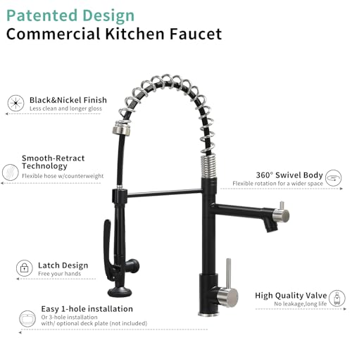 Pull Down Kitchen Faucet with Sprayer Commercial (Black&Nickel)