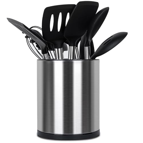 Kitchen Utensil Holder for Countertop 360° Rotating Utensil Caddy Extra Large Utensil Crock Cooking Utensil Holder for Kitchen Counter (Silver and Black)