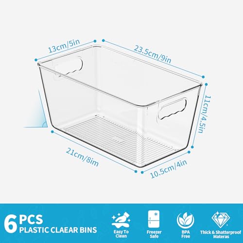 Clear Fridge Organizer Bins with Handles (6 Pack / S (9"L x 5"W x 4.5"H))