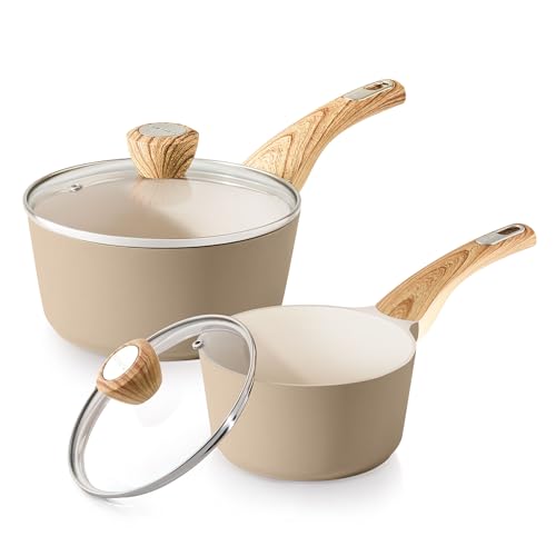 1.5 & 2.5 Quart Ceramic Sauce Pan Sets with Lid (Ceramic Taupe / 1.5 + 2.5 Quarts)