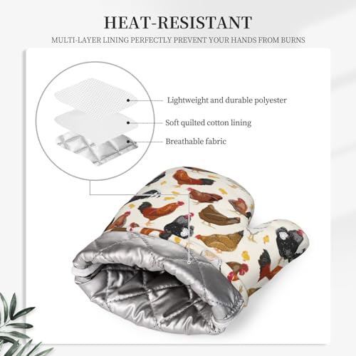 Rooster Hen Oven Mitts and Pot Holders Sets Silicone Rustic Domestic Animal Chicken Kitchen Mitts Potholders Heat Resistant 4Pcs Oven Gloves Hot Pads for Kitchen Baking Cooking BBQ Grilling (Rooster Hen)