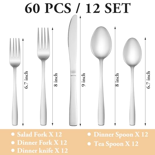 60 Piece Silverware Set Service for 12 (Silver)