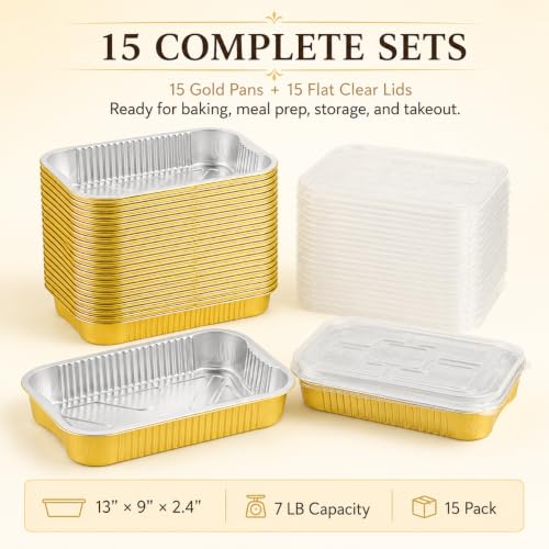 15 Pack Aluminum Pans with Lids Half Size 9x13 Extra Heavy Duty (15 Count)
