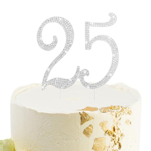 Silver 25th Birthday Cake Topper Rhinestones Cake Decorations for 25th Birthday Party (25th- Silver)