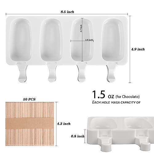 2 Pack 4 Cavity Mini Popsicle Silicone Molds with 50 Wooden Sticks (2 Pcs Mini - White)
