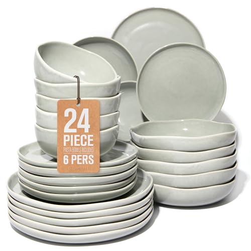 24 Pieces Dinnerware Set for 6 with Pasta Bowls (Dusty Green / Set (24pcs-6))