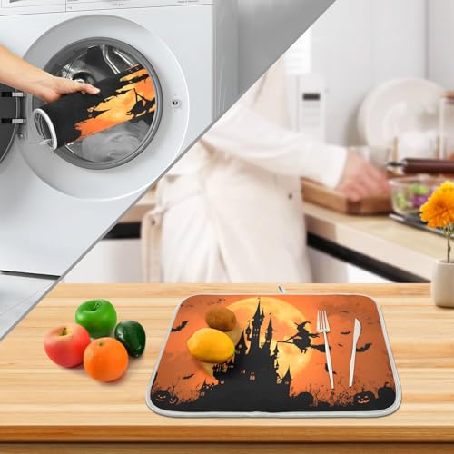 Halloween Witch Bat Castle Pumpkin Dish Drying Mat for Kitchen Counter Absorbent Microfiber Large Drying Pad Dish Mats for Kitchen Countertops 18 x 24 Inch (24" x 18")