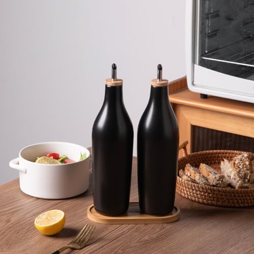Sweejar Matte Ceramic Olive Oil Dispenser Bottles with Bamboo Tray (Black & Tary / 17 Oz (Pack of 2))