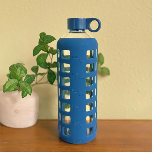 40oz / 32oz / 22oz / 12oz Borosilicate Glass Water Bottle with Time & Volume Markers, Silicone Sleeve, Stainless Steel Lid – Reusable Glass Bottle for Water & Juice (32oz Chinese Porcelain) (Chinese Porcelain (1 Count) / 32 Ounces)