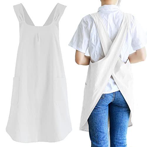 Japanese Linen Cross Back Kitchen Cooking Aprons for Men with Pockets for Baking Painting Gardening Cleaning White