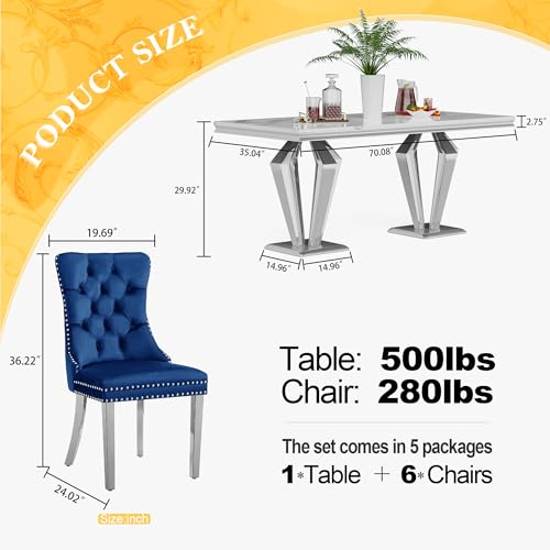 7 Piece Luxury Dining Room Set (Silver White + Blue / Dining Table + 6 Velvet Chair)