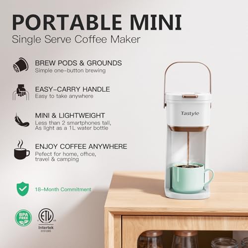 Mini Single Serve Coffee Maker for K Cups and Grounds with Handle (White and Brown)