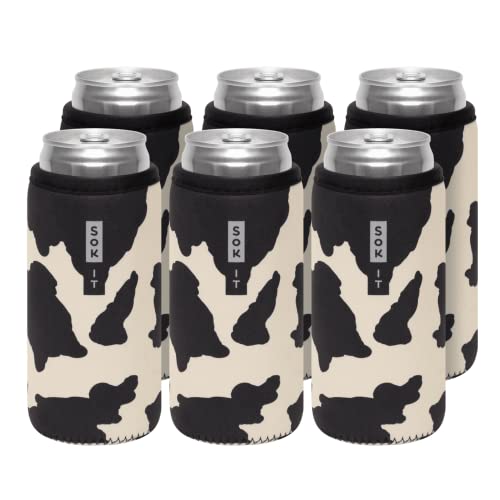 CanSok 6 Pack Sleeve for Beer & Soda Insulated Neoprene Cover (Cow Print / 12oz Slim Can Sleeve - 6 Pack)