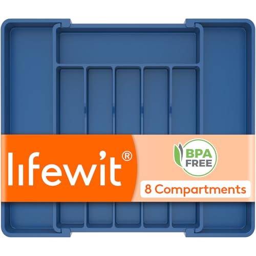 Expandable Silverware Drawer Organizer (Dark Blue / Large (11-18''W x 14''D))